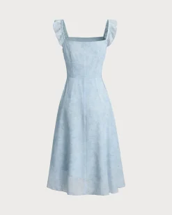 Blue Square Neck Ruffle Midi Dress