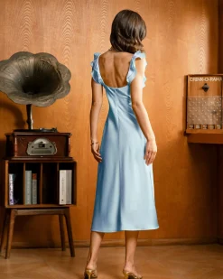 Blue Square Neck Ruffle Satin Midi Dress