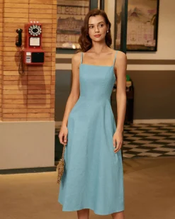 Blue Square Neck Shirred Slip Midi Dress
