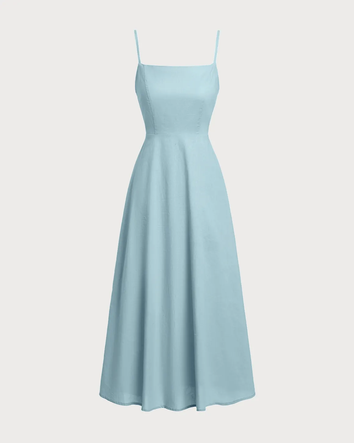Blue Square Neck Shirred Slip Midi Dress