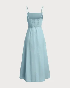 Blue Square Neck Shirred Slip Midi Dress