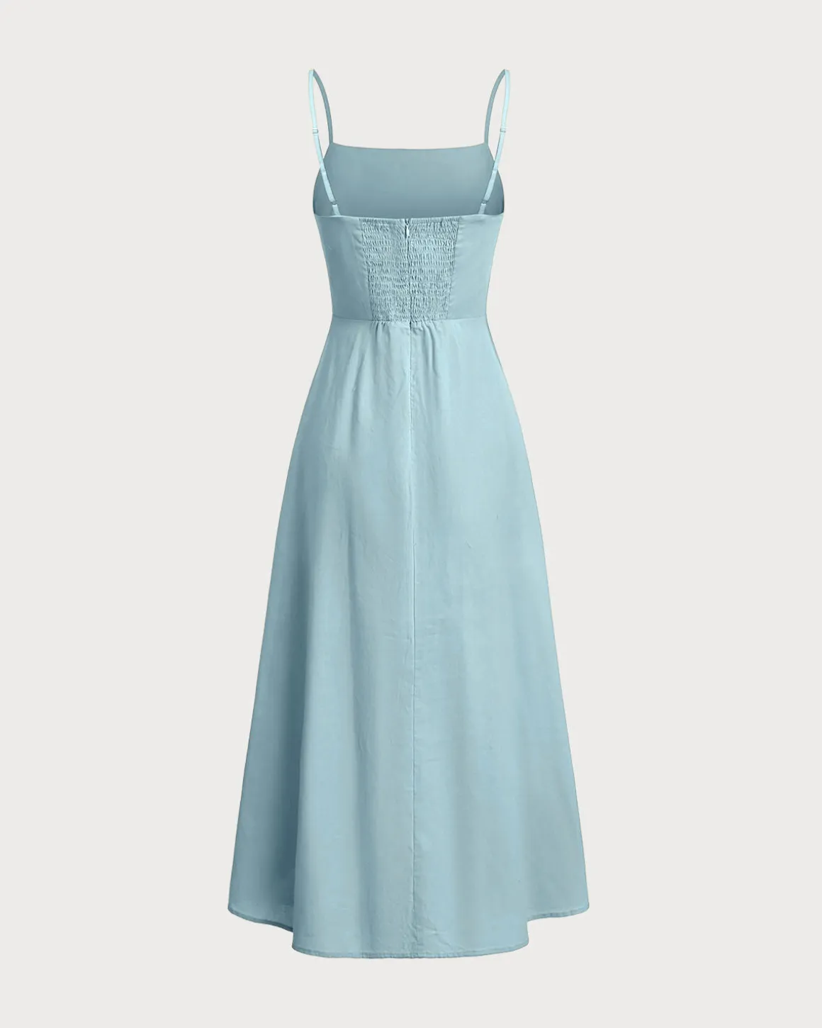 Blue Square Neck Shirred Slip Midi Dress