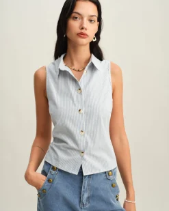 Blue Striped Button Sleeveless Blouse