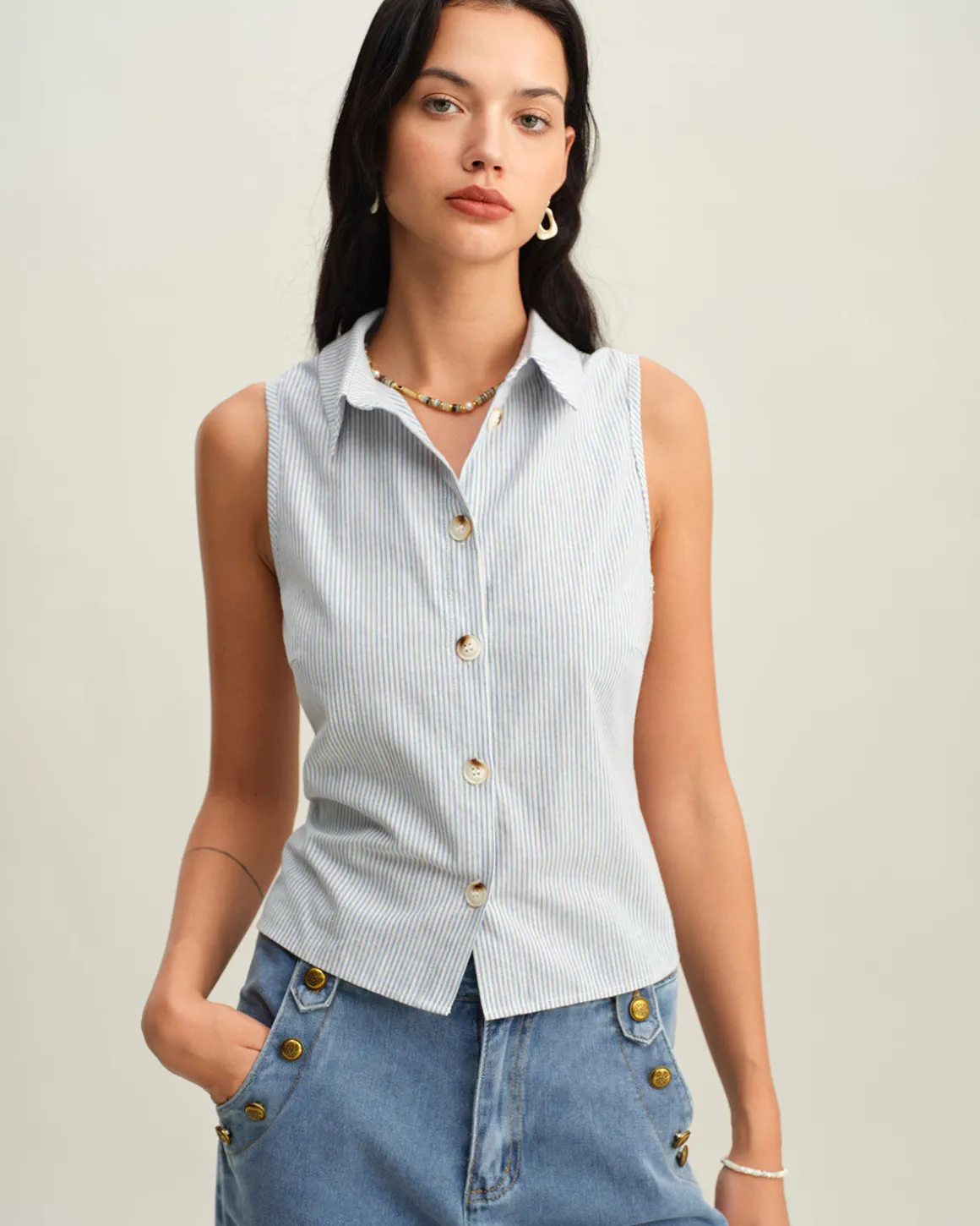Blue Striped Button Sleeveless Blouse