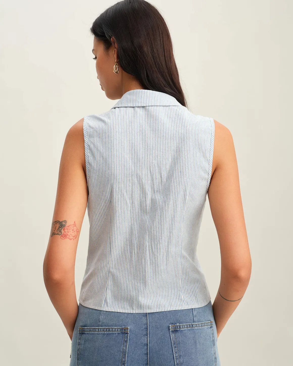 Blue Striped Button Sleeveless Blouse