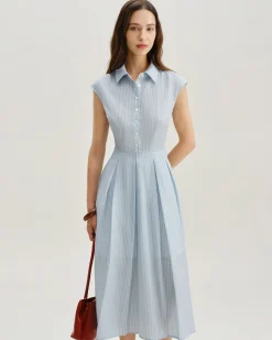 Blue Striped Cap Sleeve Midi Dress