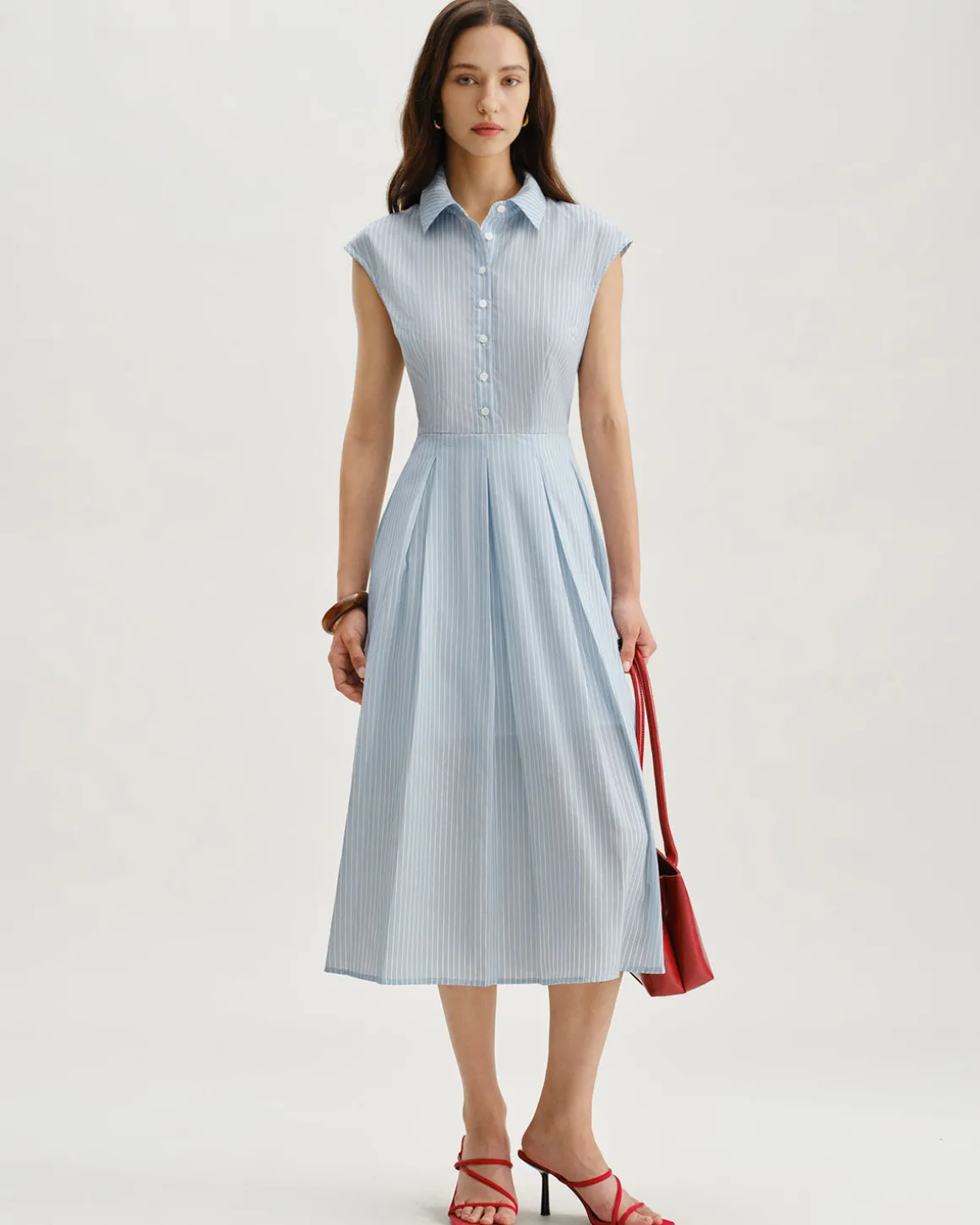 Blue Striped Cap Sleeve Midi Dress