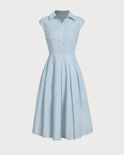 Blue Striped Cap Sleeve Midi Dress
