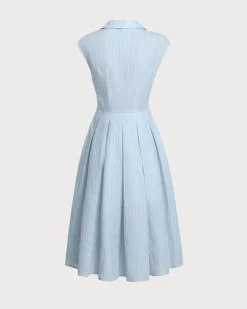Blue Striped Cap Sleeve Midi Dress
