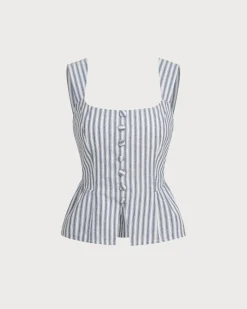 Blue Striped Square Neck Tank Top