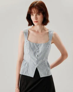 Blue Striped Square Neck Tank Top