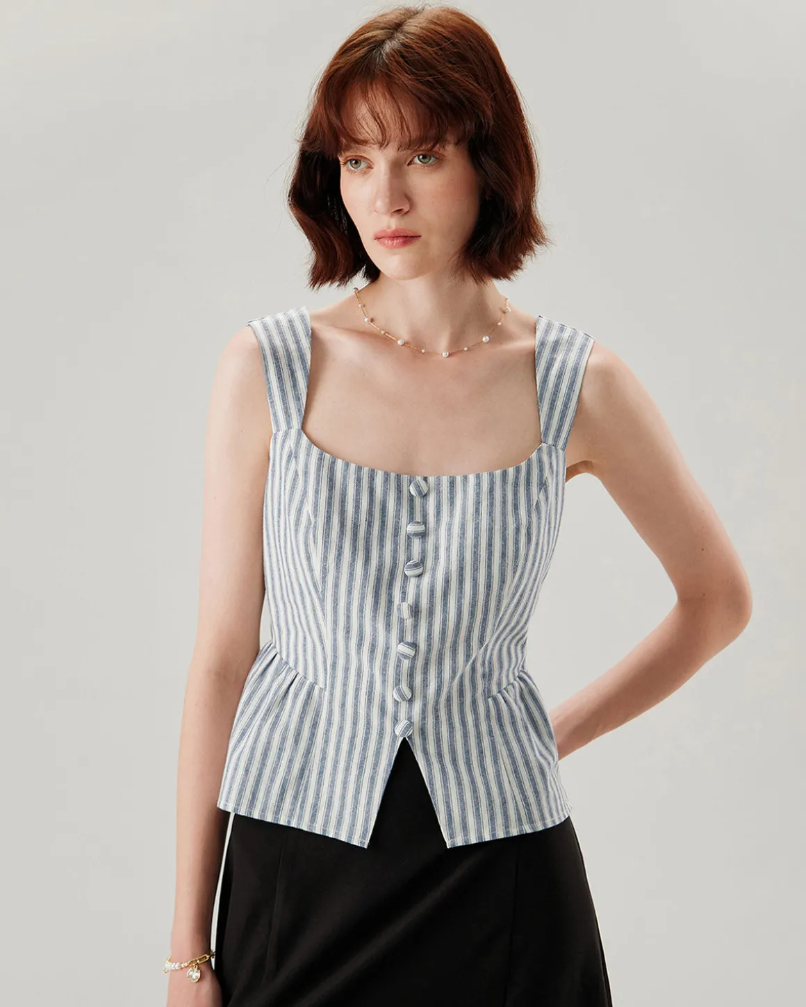 Blue Striped Square Neck Tank Top