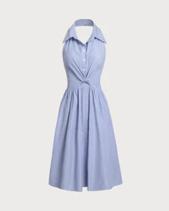 Blue Striped Twist Backless Midi Dress