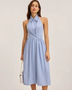 Blue Striped Twist Backless Midi Dress