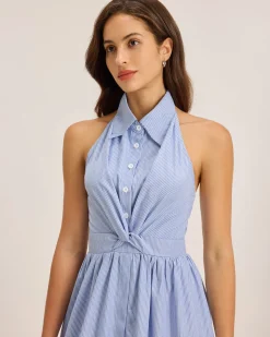 Blue Striped Twist Backless Midi Dress