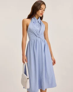 Blue Striped Twist Backless Midi Dress