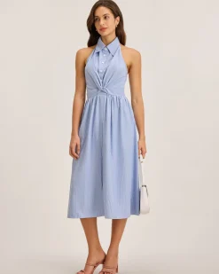 Blue Striped Twist Backless Midi Dress