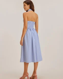 Blue Striped Twist Backless Midi Dress