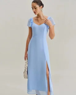 Blue Sweetheart Neck Chiffon Maxi Dress