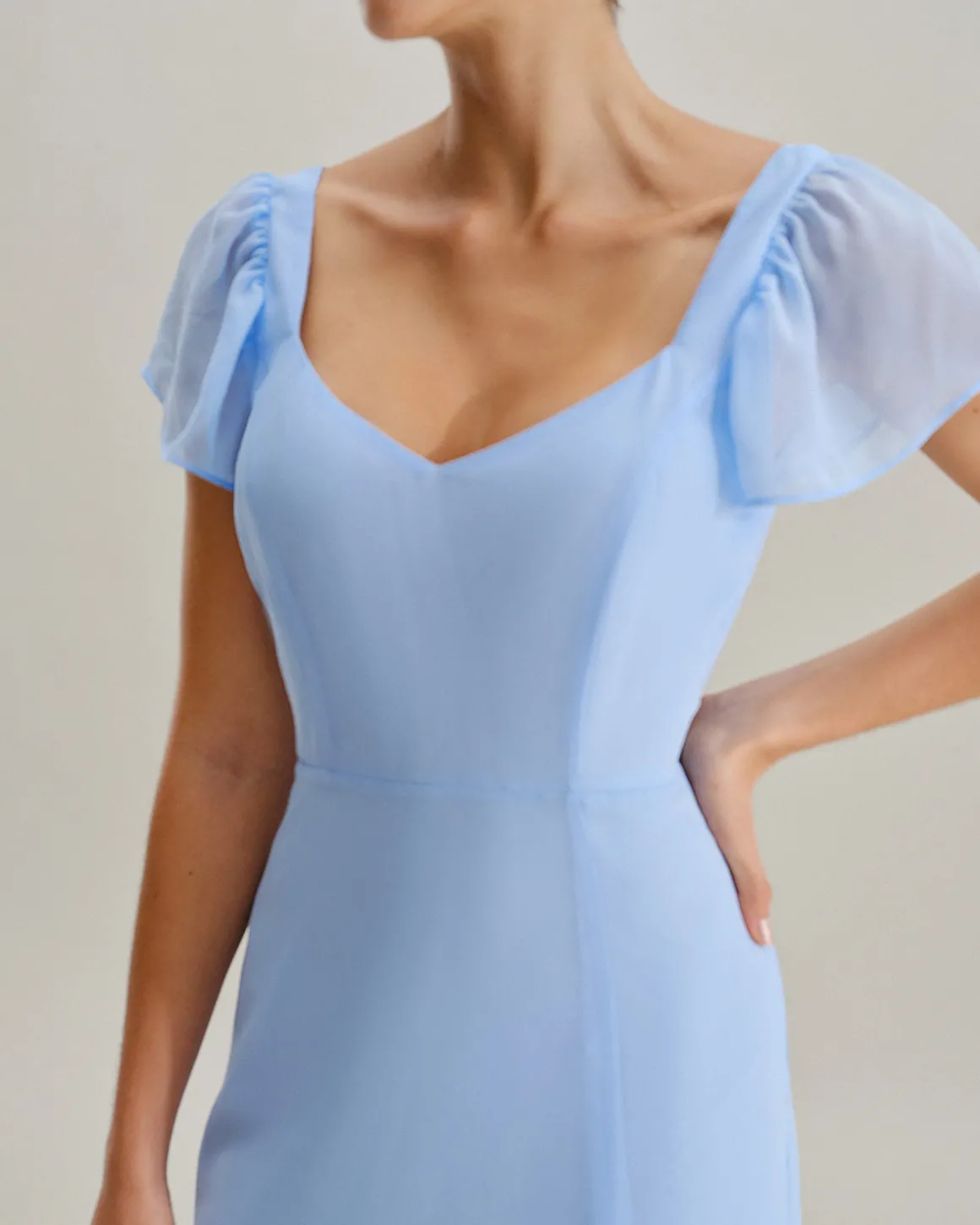 Blue Sweetheart Neck Chiffon Maxi Dress