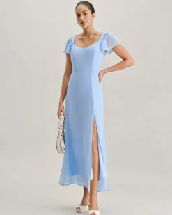 Blue Sweetheart Neck Chiffon Maxi Dress