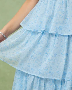Blue Sweetheart Neck Tiered Midi Dress