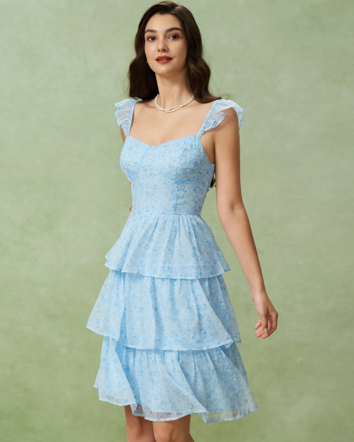 Blue Sweetheart Neck Tiered Midi Dress