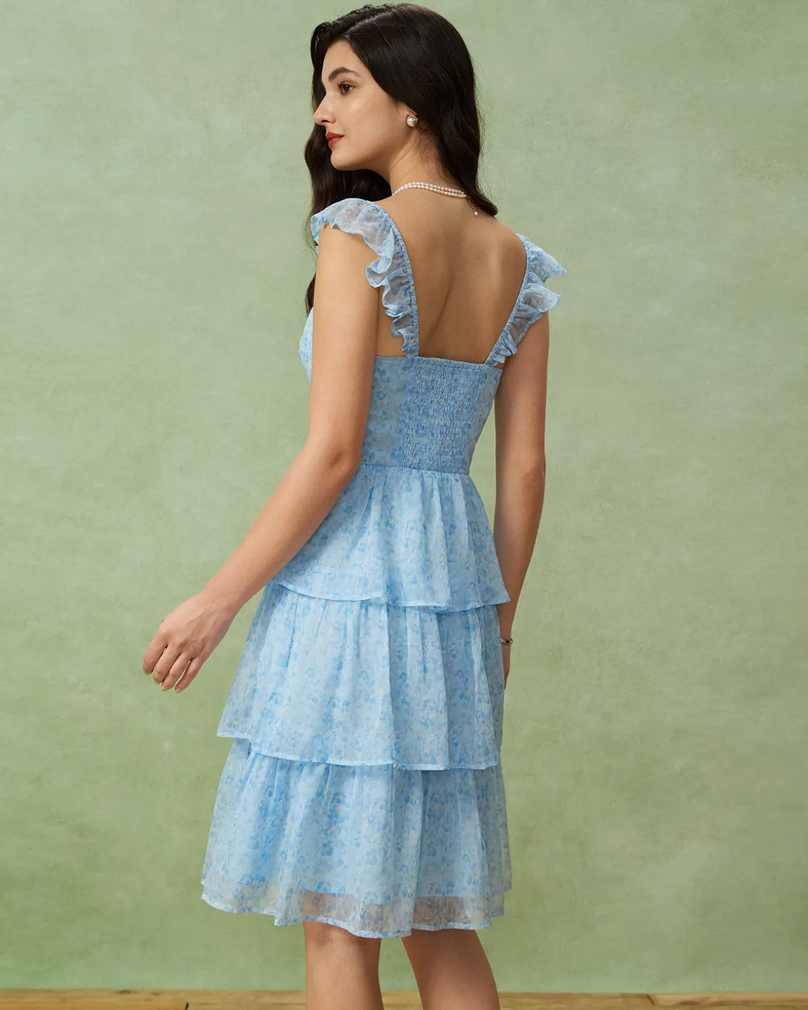 Blue Sweetheart Neck Tiered Midi Dress