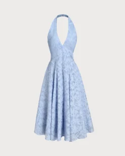 Blue Textured Backless Halter Midi Dress