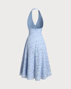 Blue Textured Backless Halter Midi Dress