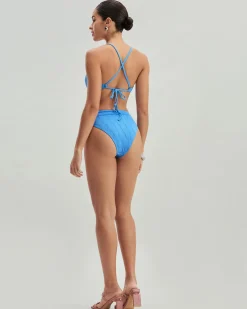 Blue Textured Bralette One-Piece Swimsuit