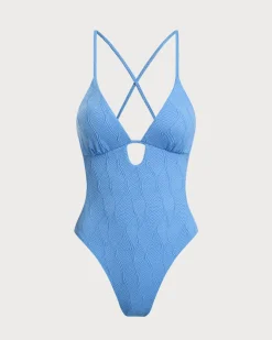 Blue Textured Bralette One-Piece Swimsuit