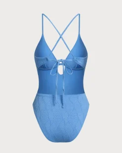Blue Textured Bralette One-Piece Swimsuit