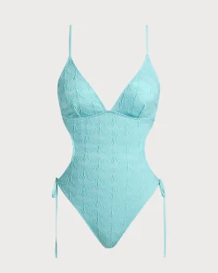 Blue Textured Bralette One-Piece Swimsuit
