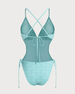Blue Textured Bralette One-Piece Swimsuit
