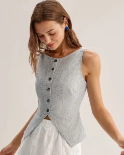 Blue Textured Button Vest
