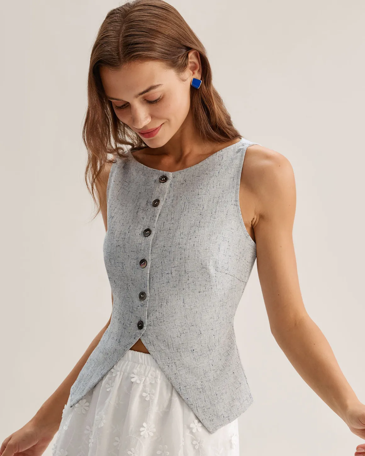 Blue Textured Button Vest