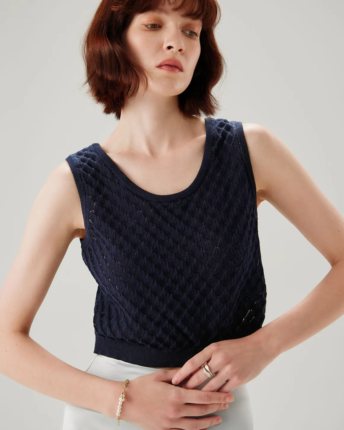 Blue Textured Crochet Tank Top