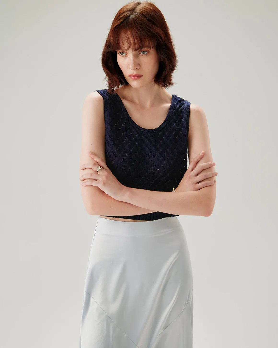 Blue Textured Crochet Tank Top