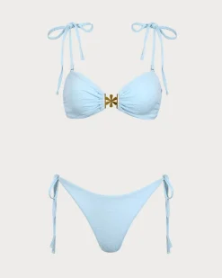Blue Textured Drawstring Bikini Set