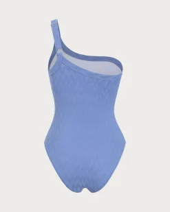 Blue Textured One-Shoulder One-Piece Swimsuit