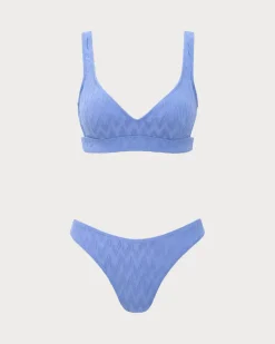 Blue Textured Scoop Neck Bikini Set