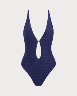 Blue Textured Tie Front One-Piece Swimsuit