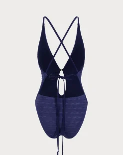 Blue Textured Tie Front One-Piece Swimsuit