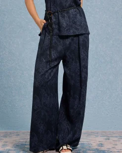 Blue Textured Wide Leg Pants