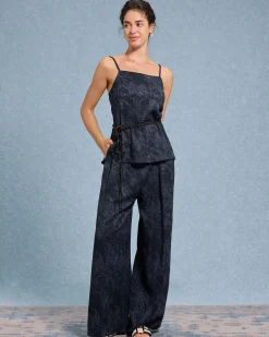 Blue Textured Wide Leg Pants