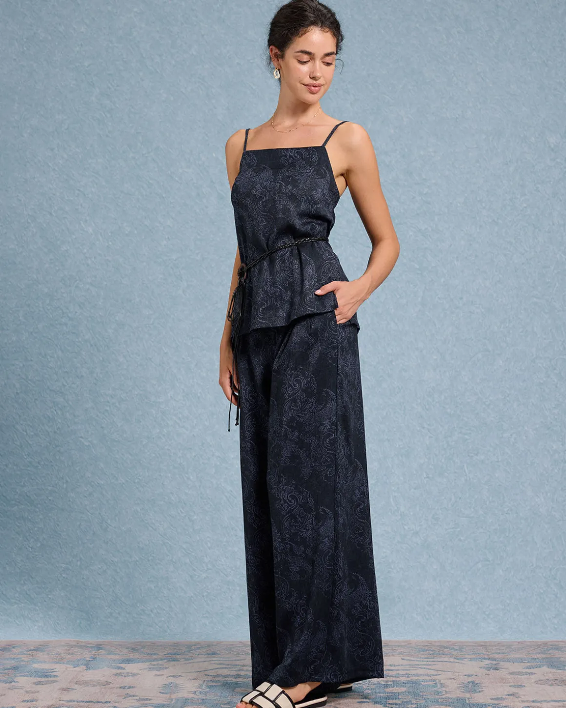 Blue Textured Wide Leg Pants
