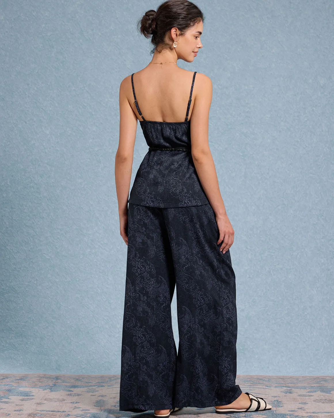 Blue Textured Wide Leg Pants