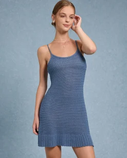 Blue U Neck Crochet Mini Dress
