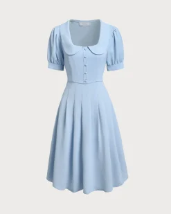 Blue U Neck Puffed Sleeve Pleated Midi Dress